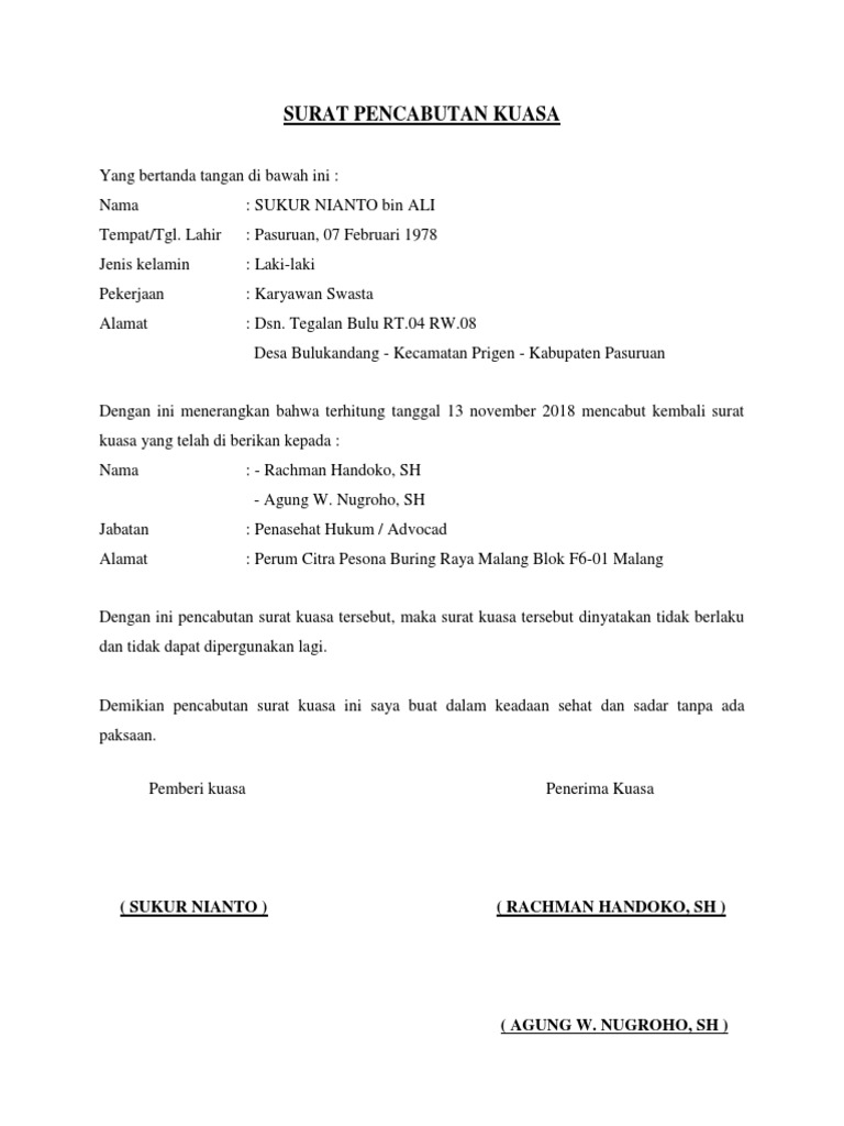 Contoh Surat Kuasa Balik Nama Sertifikat Rumah