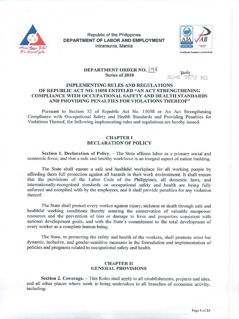 Department Order No. 198 Series of 2018