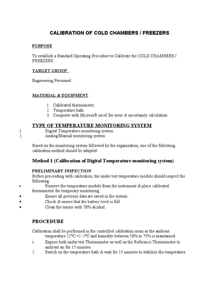 Cold Chamber/Freezer Calibration SOP | PDF | Thermometer | Calibration