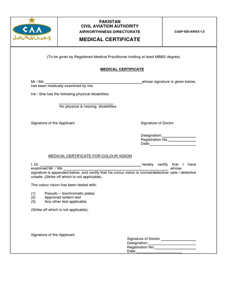 Medical Certificate for Aviation Fitness | PDF