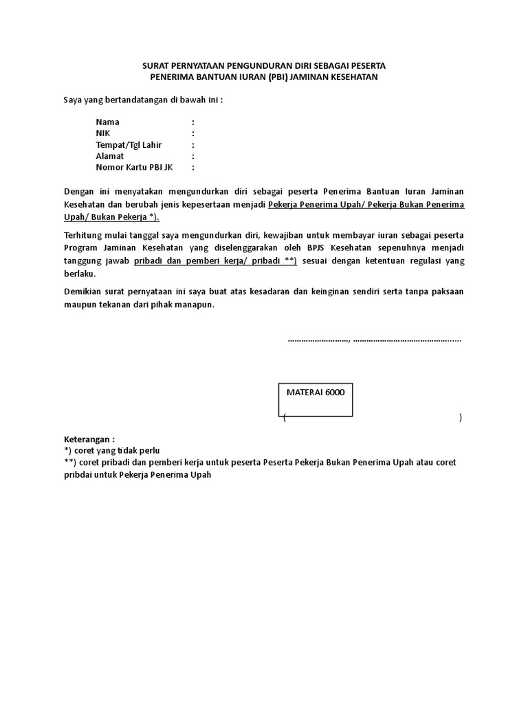 Surat Pernyataan Pengunduran Diri Sebagai Peserta Pbi