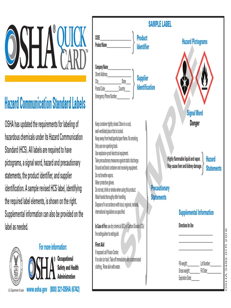 Osha 3492 Quick Card Label PDF Occupational Safety And Health Hazards