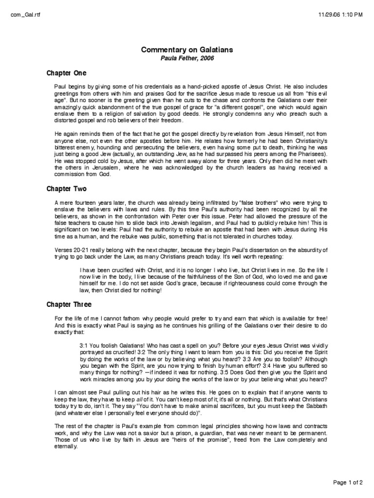 Commentary On Galatians Chapter One Pdf Epistle To The Galatians