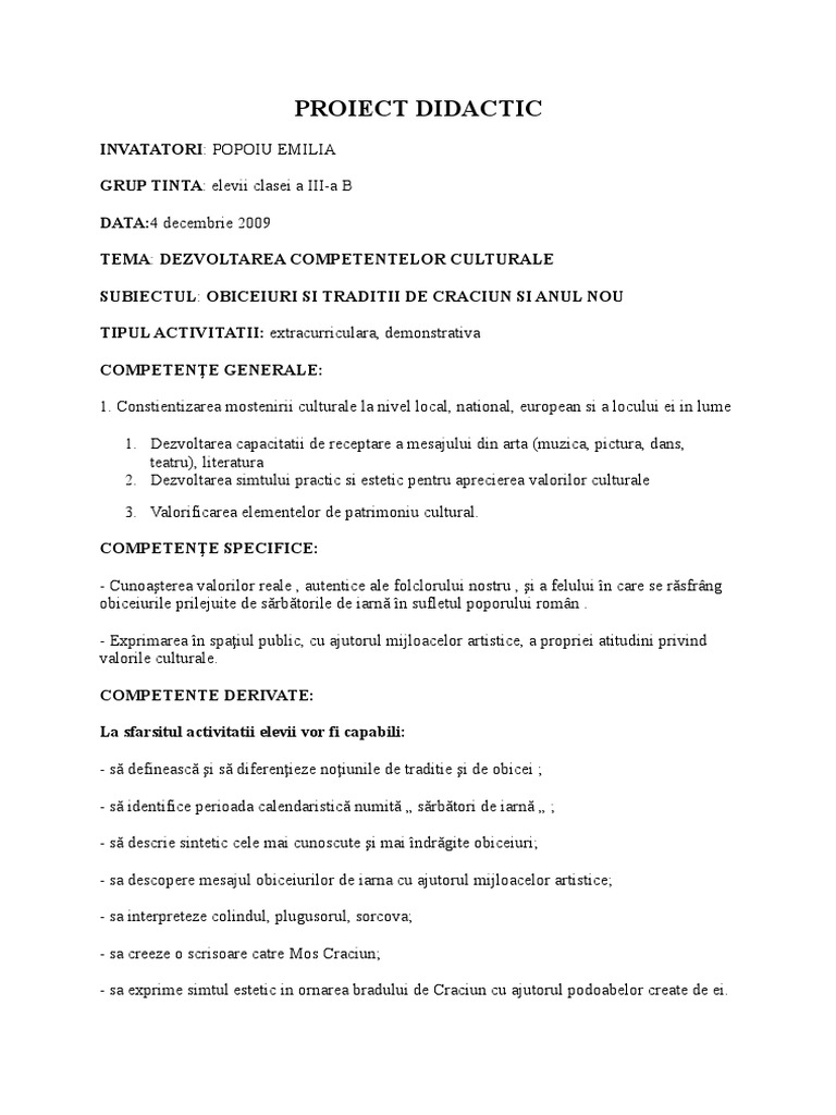 Proiect Didactic TradiÈ›ii È™i Ob De CrÄƒciun
