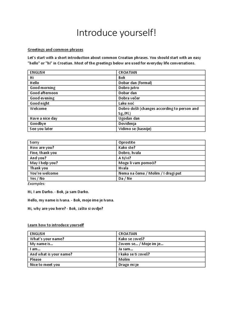 Essential Croatian Phrases for Introductions | PDF | Linguistics ...