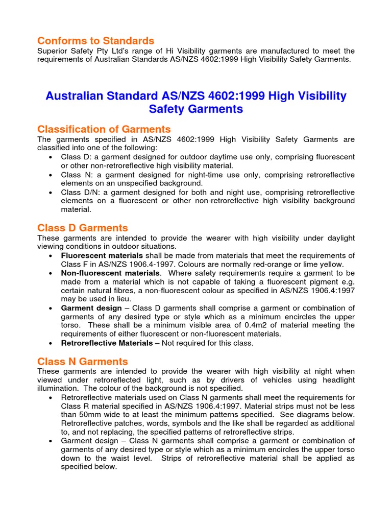 Hi Vis Garments: AS/NZS 4602 Standards | PDF | Clothing | Lighting