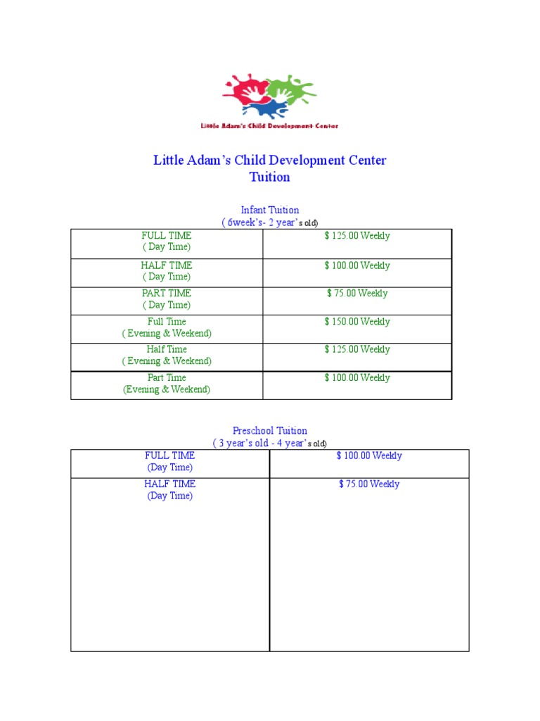 Little Adam's Child Development Center Tuition | PDF