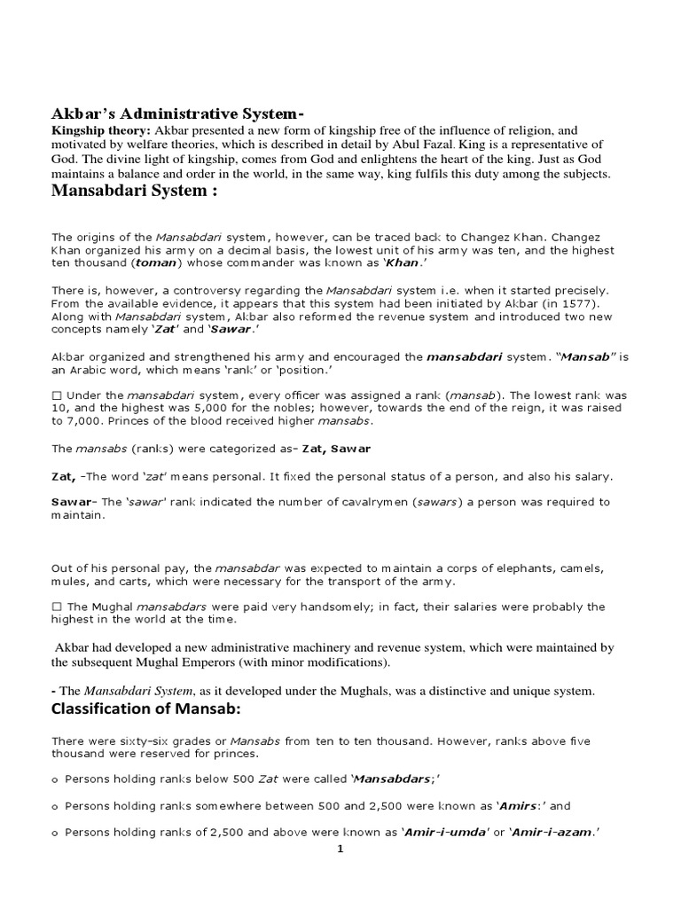 Akbar's Administrative System Explained | PDF