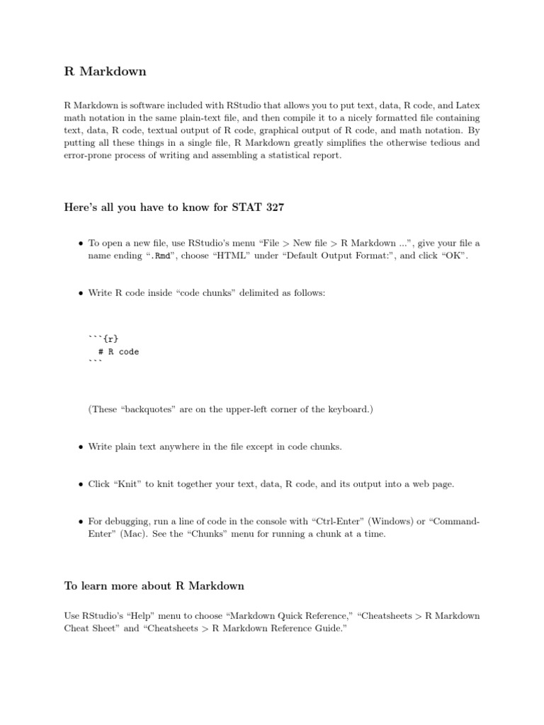 R Markdown Guide for STAT 327 | PDF | Software | Computer File Formats