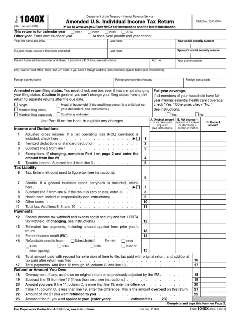 Amended U.S. Individual Tax Return Use Part III On The Back To
