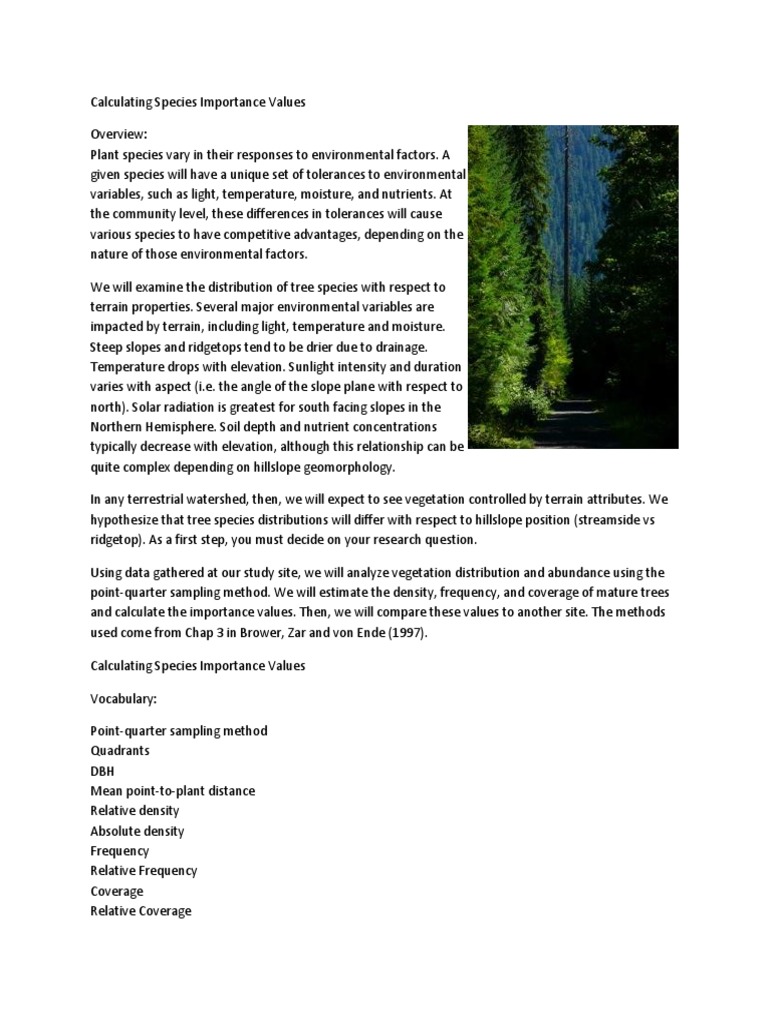 Calculating Species Importance Values PDF Mean Nature