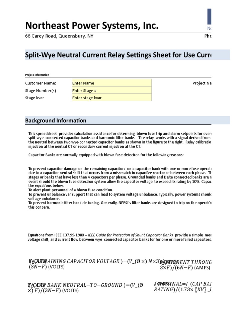 Calculate neutral current relay settings for splitwye capacitor banks