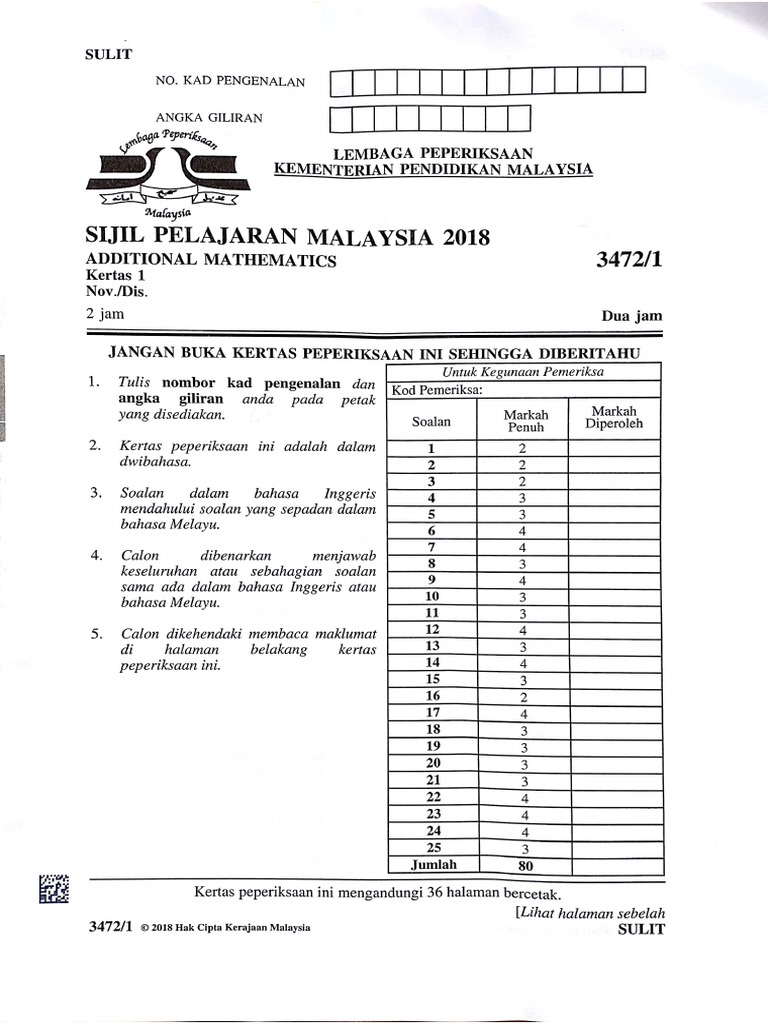 Additional Mathematics SPM Paper 1 2018 | Physics ...