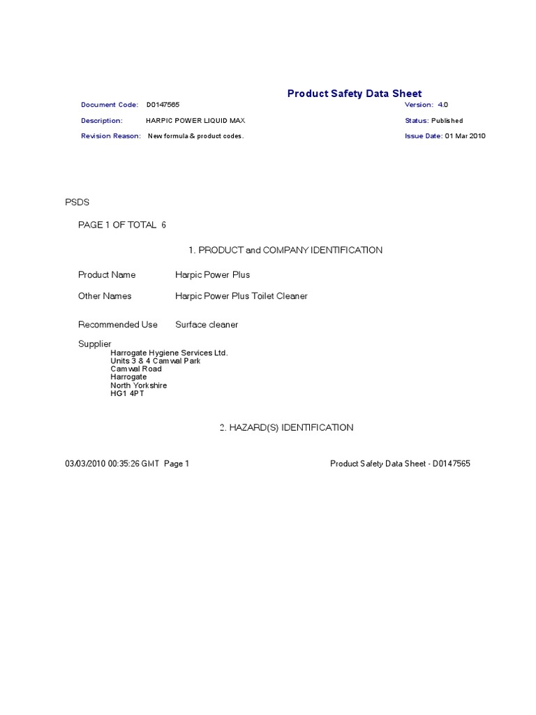 Product Safety Data Sheet Psds Page 1 of Total 6 PDF Dangerous