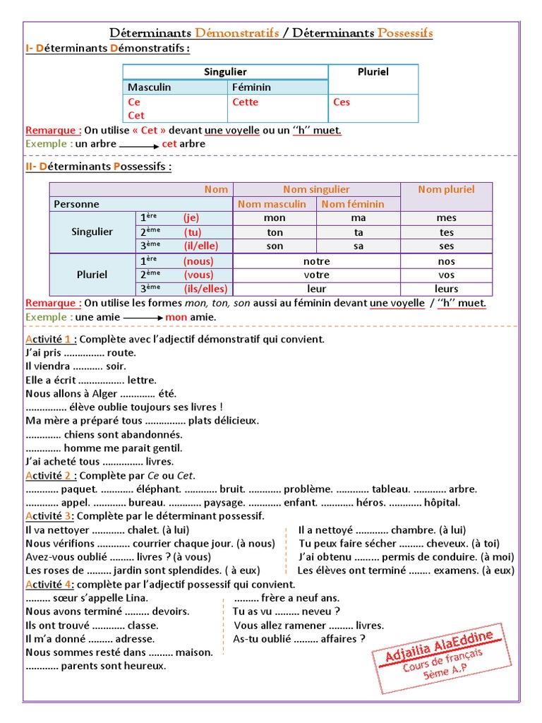 Exercices Sur Les Déterminants Et Les Pronoms 5ème Pdf Déterminant Démonstratif - Déterminant Possessif | PDF | Genre grammatical  | Nombre grammatical