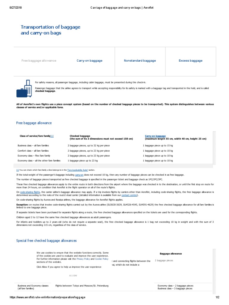 Carriage of Baggage and CarryOn Bags Aeroflot PDF Baggage Aviation