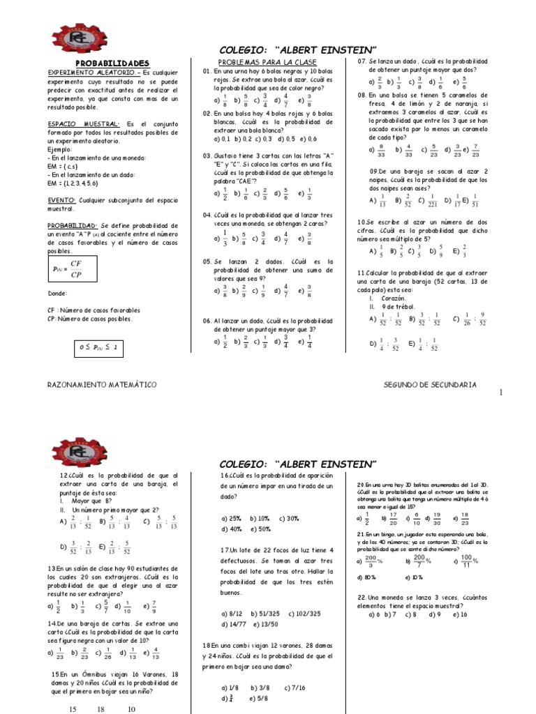 Hojas De Trabajo De Probabilidad Para La Escuela Secundaria En Formato Pdf