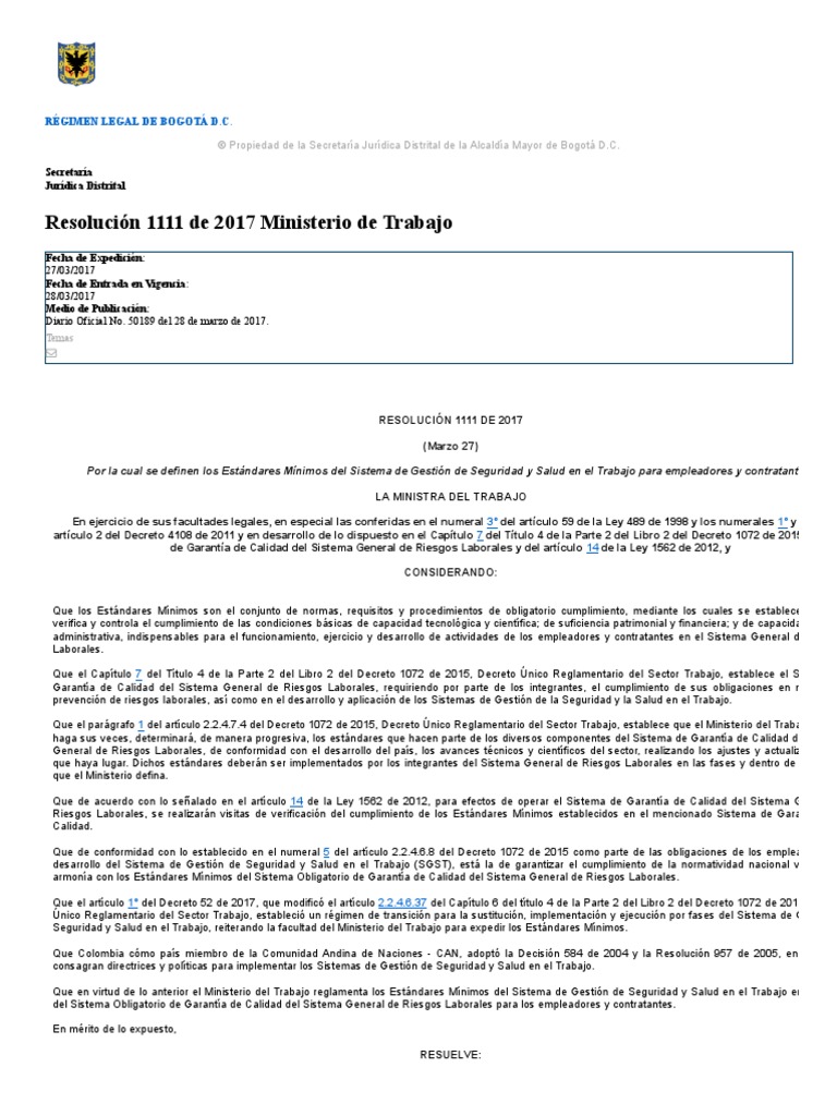 Estandares Min SGSST Col 2019 1 Ene PDF | PDF | Derecho laboral | Seguridad