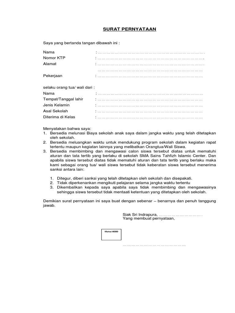 Contoh Surat Pernyataan Orang Tua Untuk Siswa Baru Pernyataan perjanjian suami-istri dibuat sepenuhnya untuk menjaga keharmonisan rumah tangga.