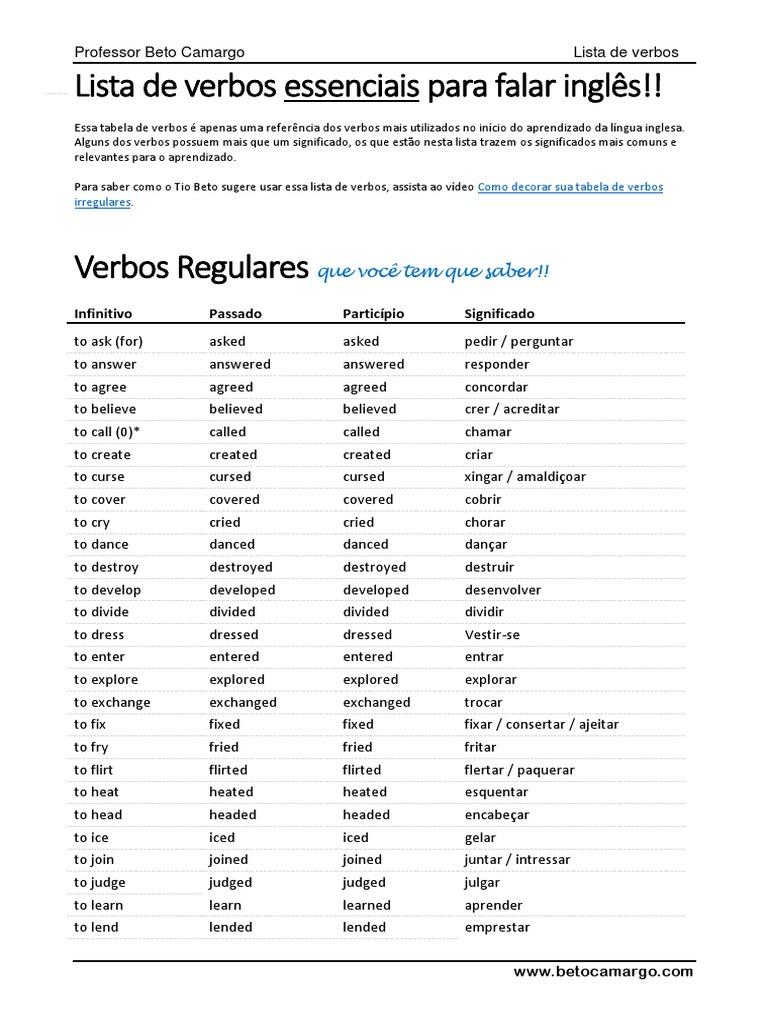 English For Brazilian People - efbp: Lista de Verbos em Inglês - Os Mais  Usados!