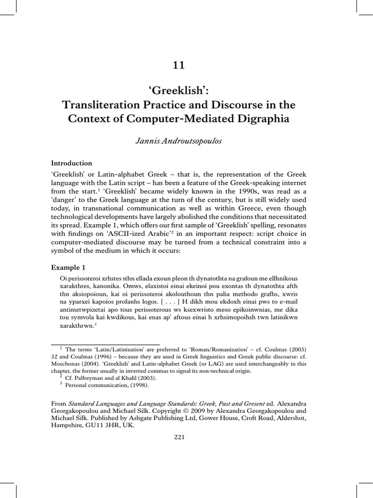 11 Greeklish': Transliteration Practice and Discourse in The Context of ...