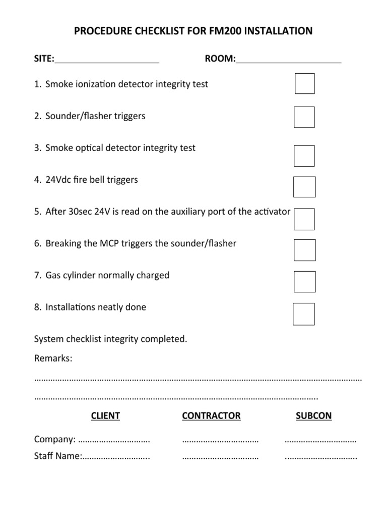 FM200 Installation Procedure Checklist | PDF | Manufactured Goods ...