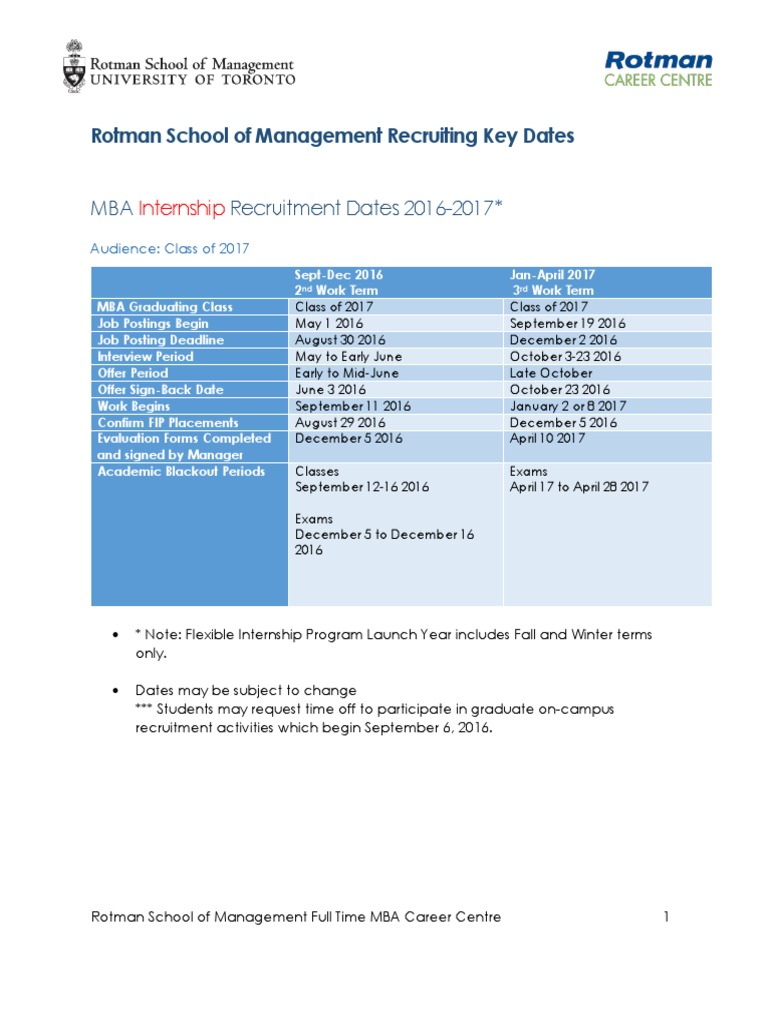 Rotman Recruiting Key Dates 2016 | PDF | Behavior Modification | Academia