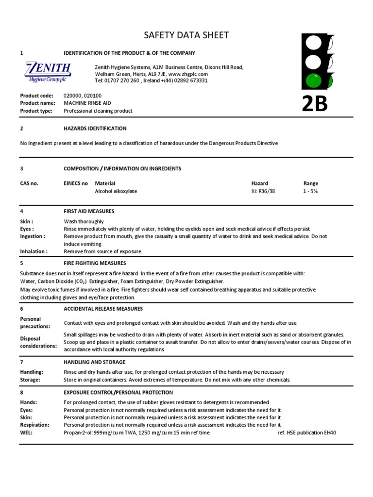 020000, 020100 2b Machine Rinse Aid PDF Packaging And Labeling