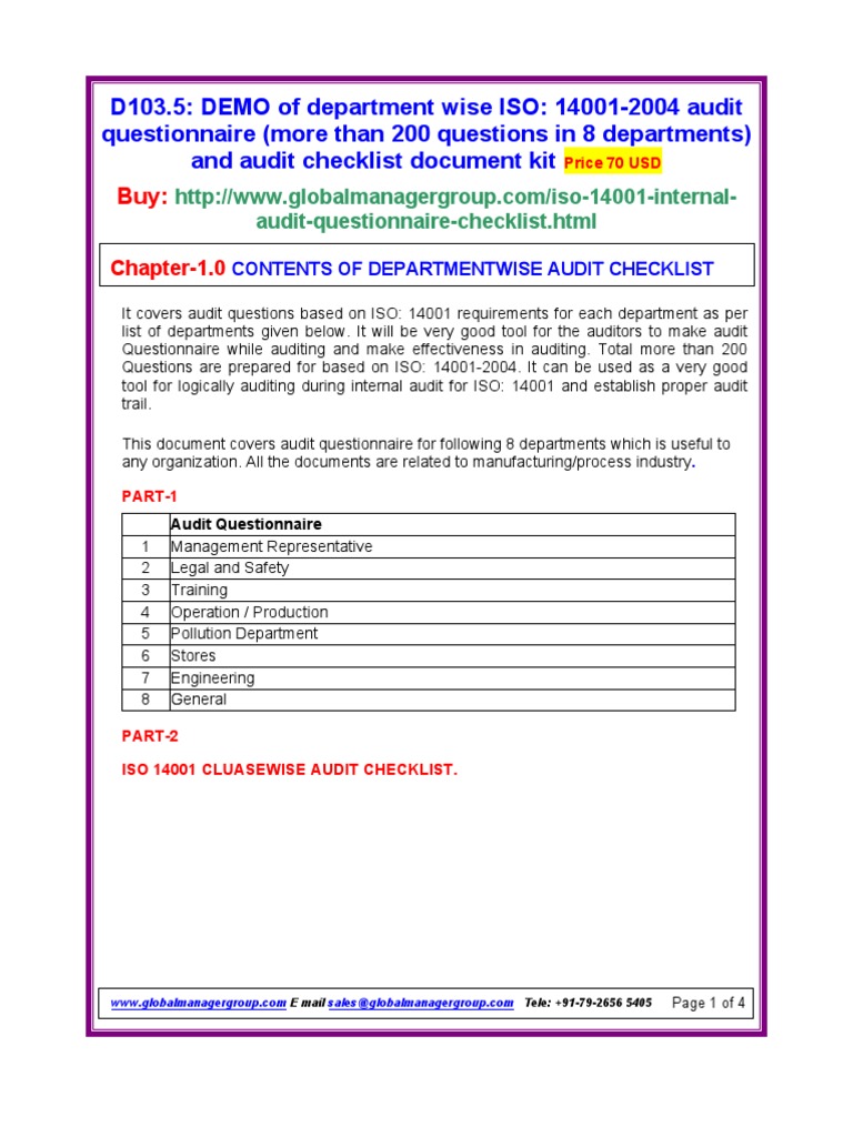 iso 14001 audit questionnaire checklist | audit | international