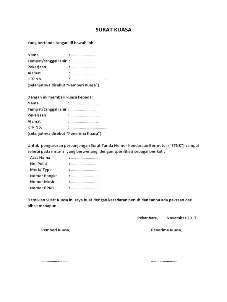 Contoh Surat Kuasa Perpanjangan Stnk Kendaraan Pdf