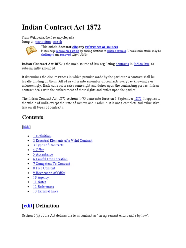 Indian Contract Act 1872 | PDF | Law Of Agency | Offer And Acceptance