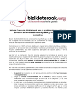 Nota de Prensa de Bizikleteroak Ante Los Vehículos Eléctricos de Movilidad Personal (VEMP) y Aclaración de Normativas