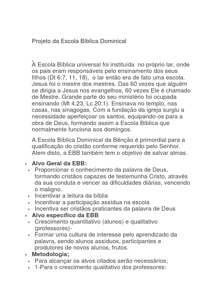 Projeto para Escola Bíblica Dominical | PDF | Escola dominical | Bíblia
