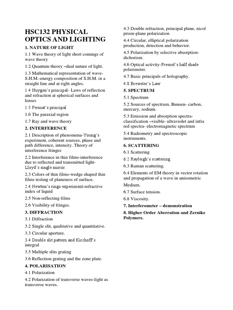 Physical Optics Syllabus Download Free PDF Diffraction Optics