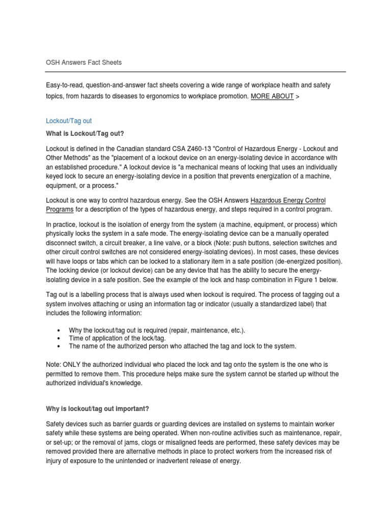 OSH Fact Sheets on Lockout/Tag Out | PDF | Mechanical Engineering ...