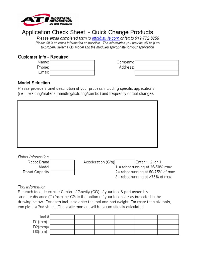 Application Check Sheet - Quick Change Products: Customer Info ...
