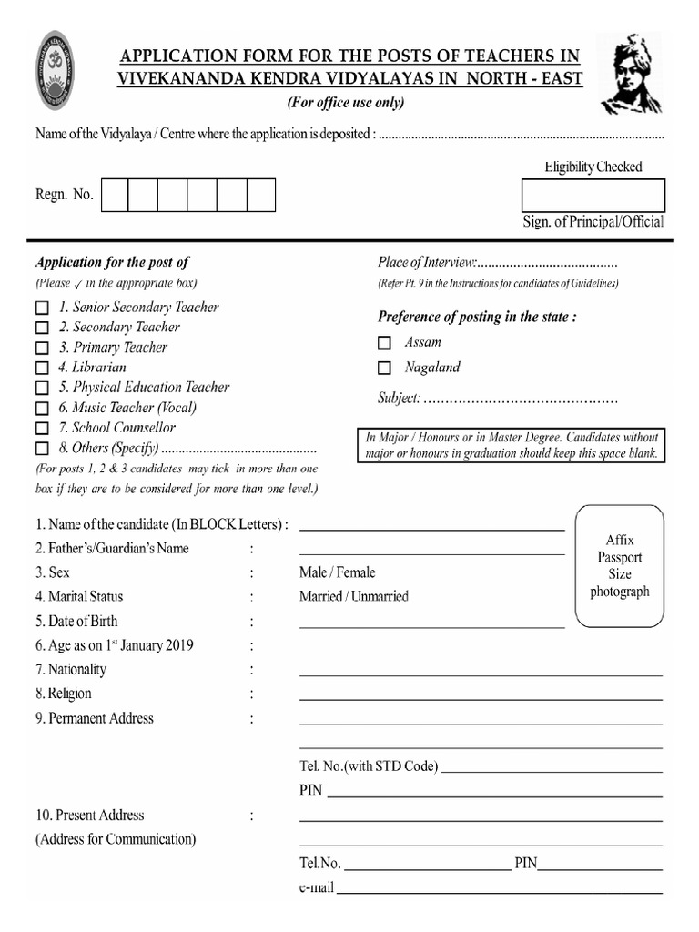 Application Forms With Guidelines For Applicants For VKSPV Teachers ...