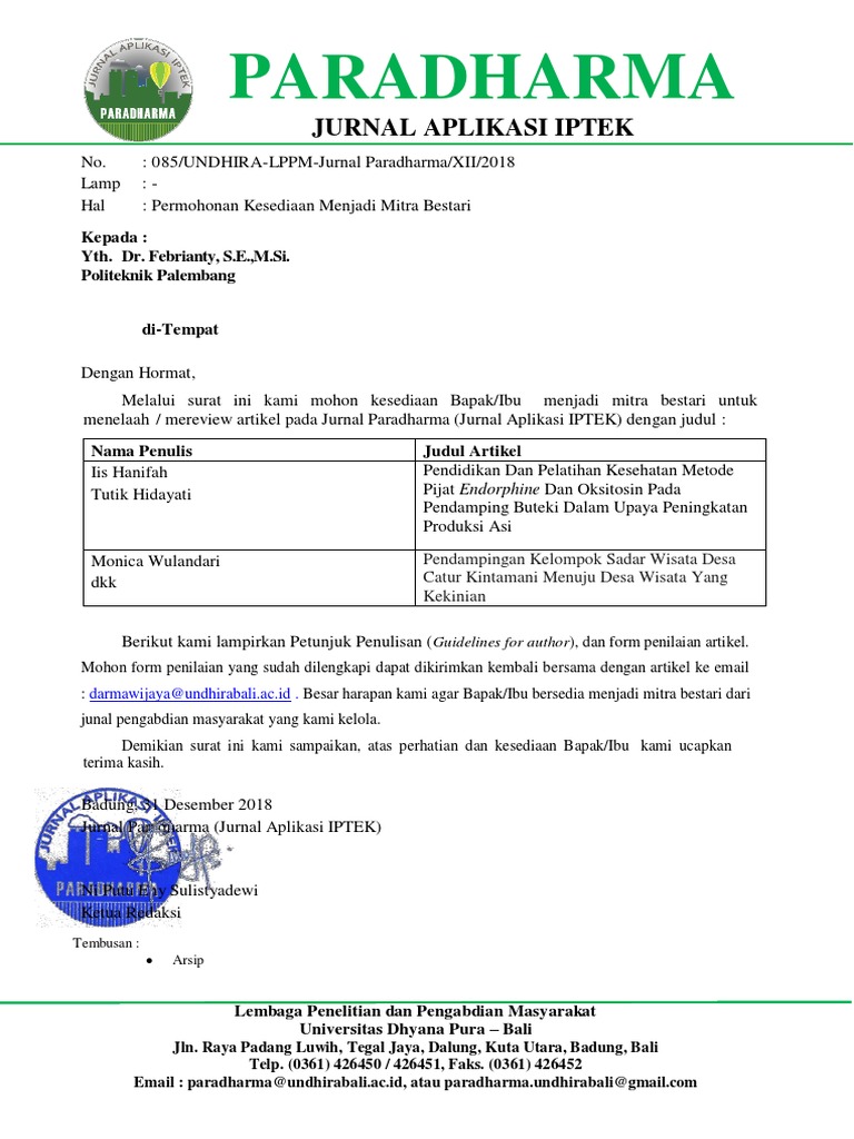 Surat Penyataan Kesediaan Menjadi Mitra Bestari Bu Dr