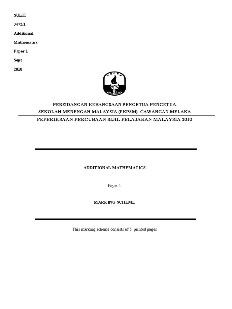 Trial 2010 Addmath Marking Scheme Paper 1 Melaka | PDF | Qualifications ...