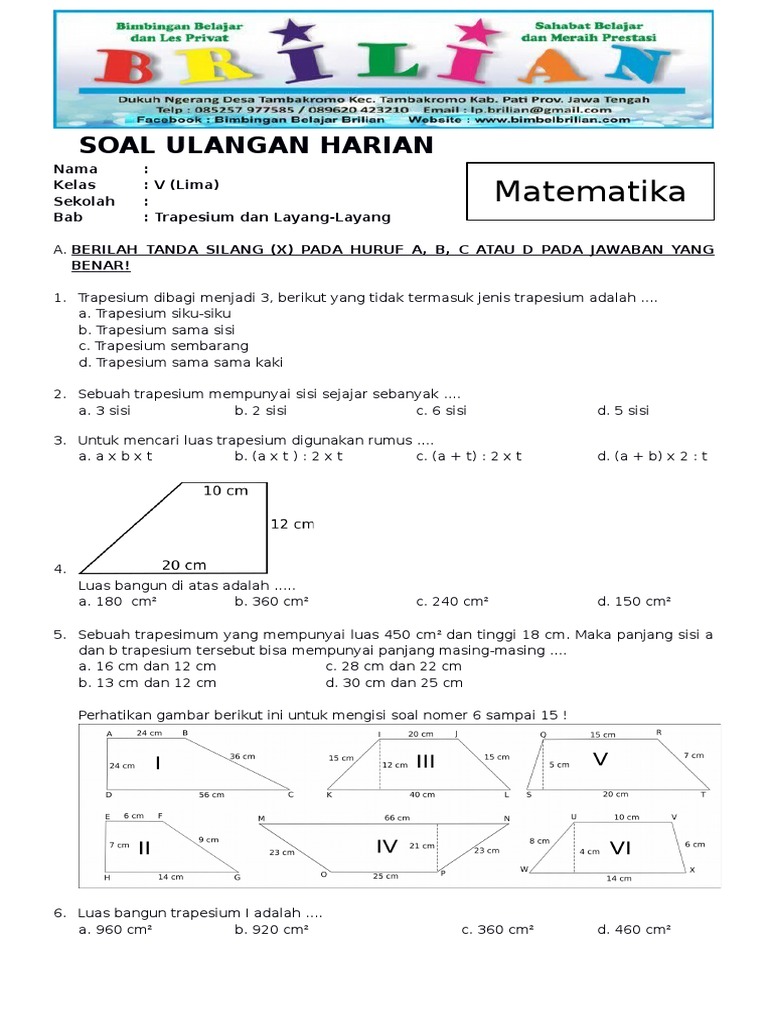 Soal Matematika Kelas 5 Sd Bab Trapesium Dan Layang Layang