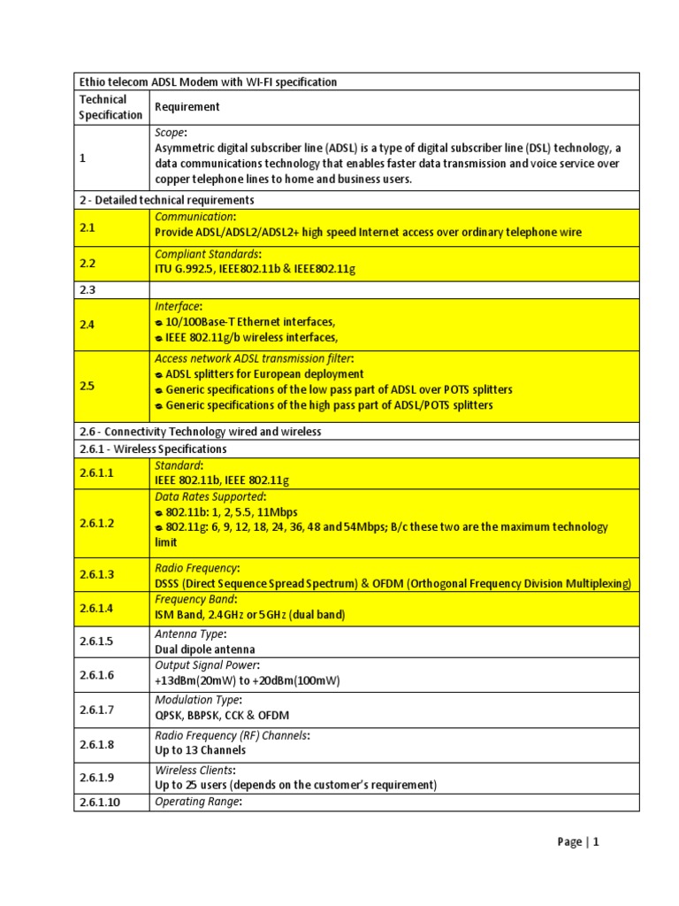 Ethio Telecom ADSL Modem Specifications | PDF | Ieee 802.11 | Digital ...