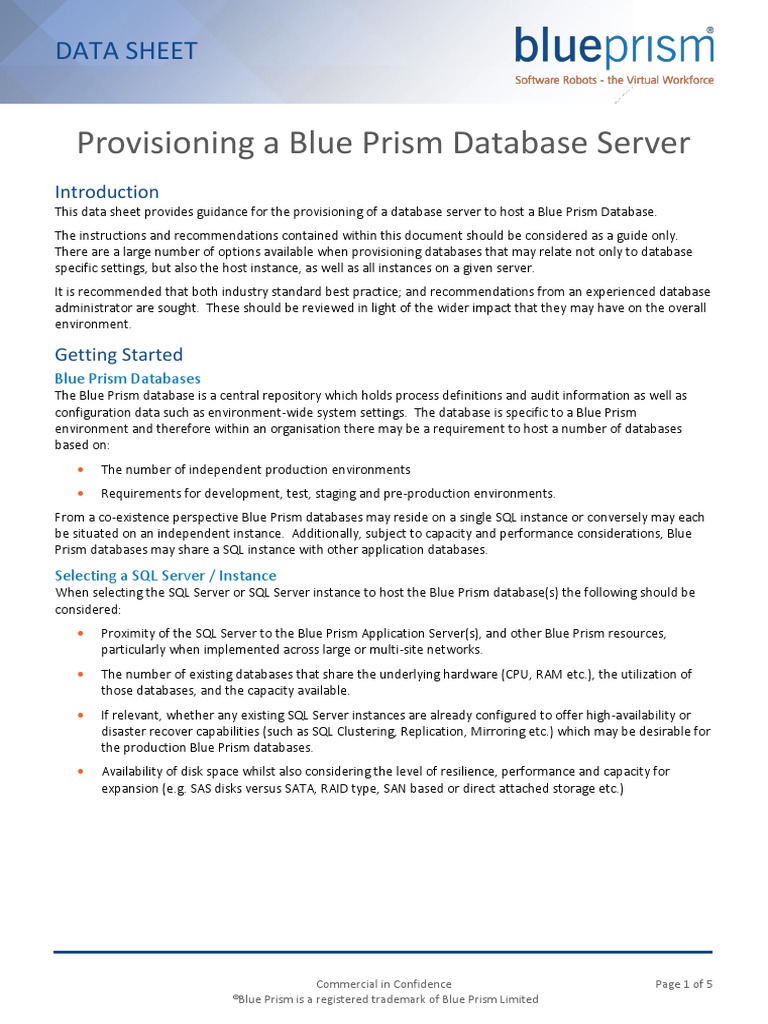 Blue Prism Data Sheet Provisioning A Blue Prism Database Server PDF