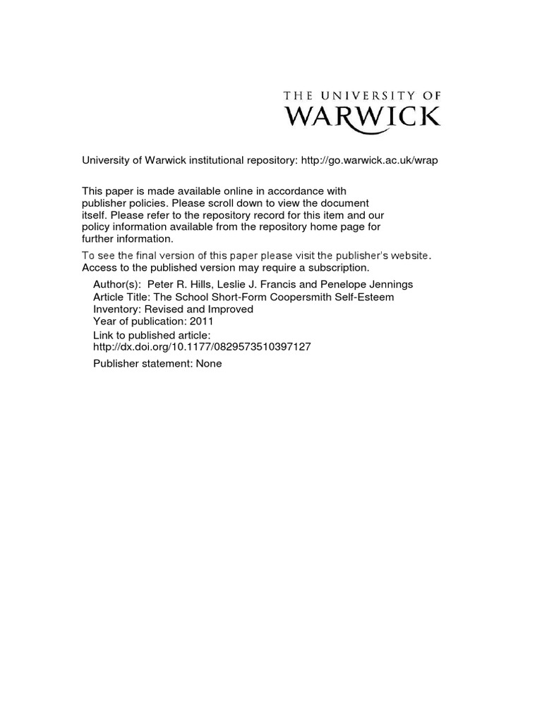 Coopersmith Self Esteem Inventory Rev | PDF | Factor Analysis ...
