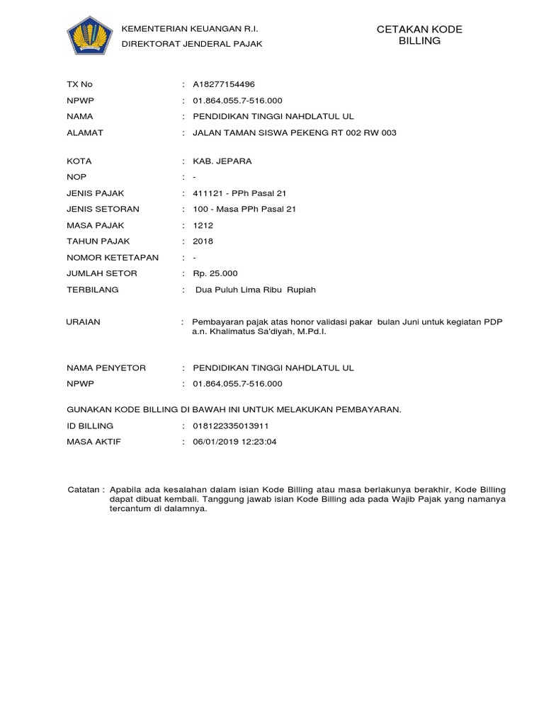 Validasi Pembayaran PPh 21 2018 | PDF | Pengelolaan Keuangan & Uang
