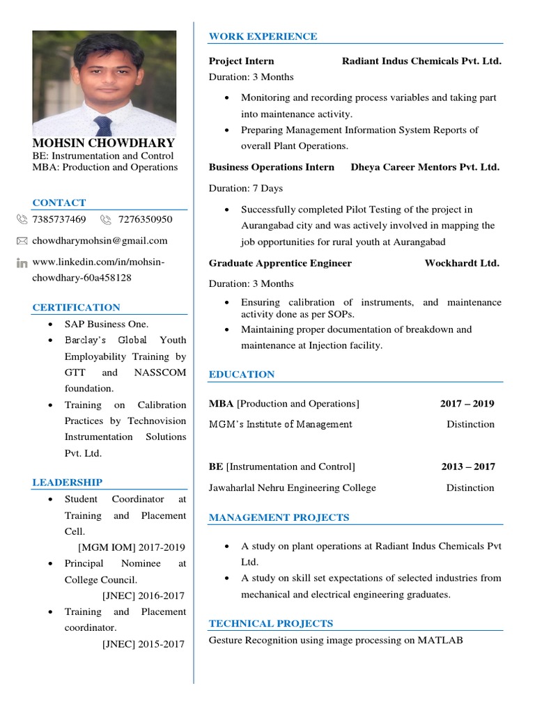 Mohsin Chowdhary: Work Experience | PDF | Instrumentation | Engineering