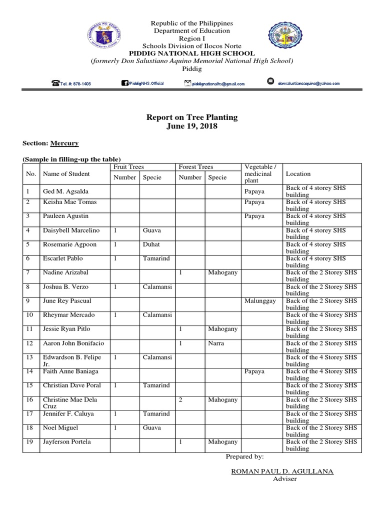 Piddig National High School Tree Planting Report | PDF | Fruit | Plants