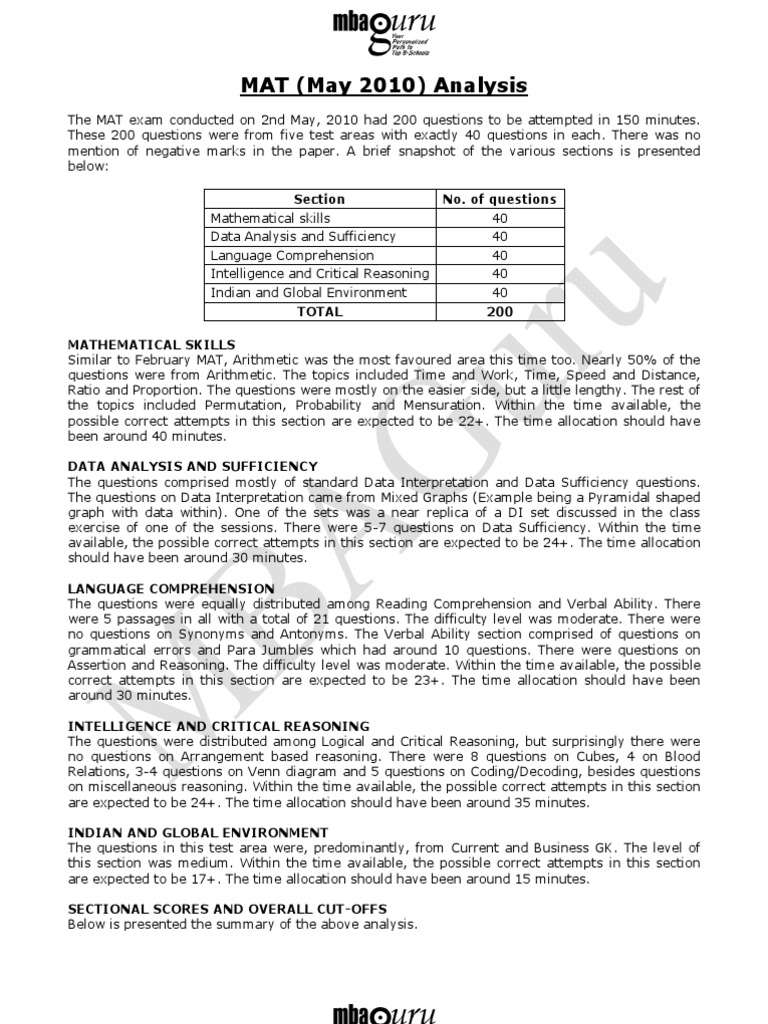 MAT Exam Analysis May 2010 Summary | PDF | Reason | Test (Assessment)