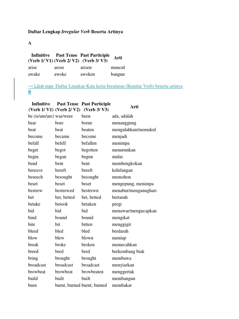 Daftar Lengkap Irregular Verb Beserta Artinya Docx
