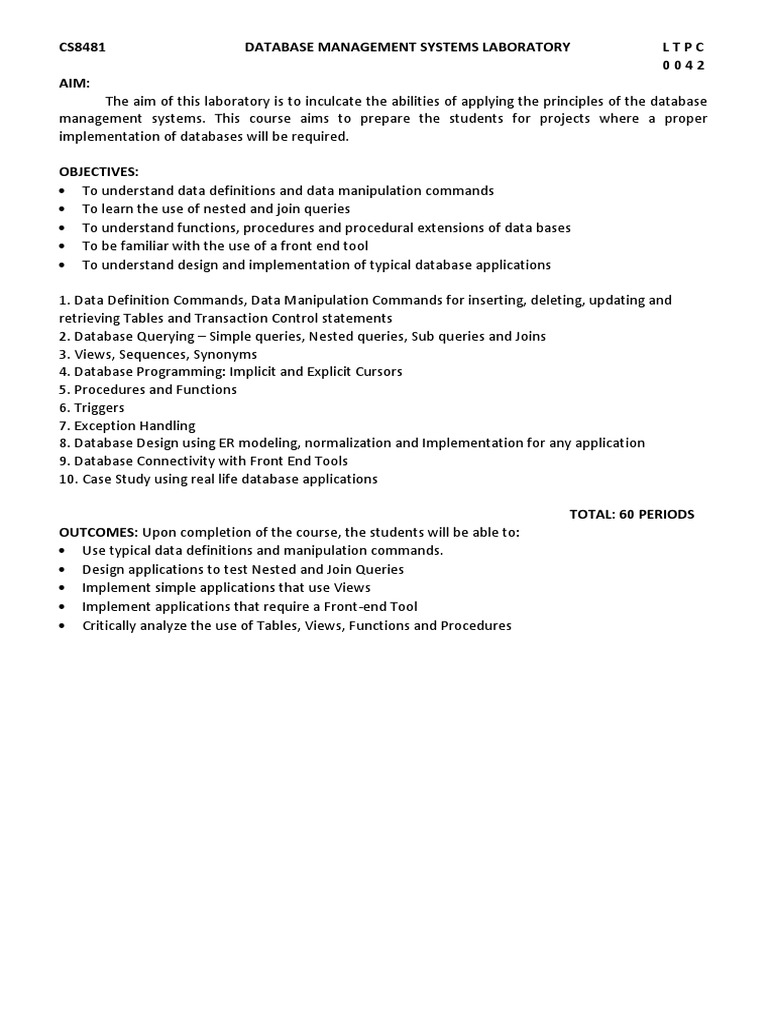 Database Management Systems Lab Syllabus | PDF | Business | Computers