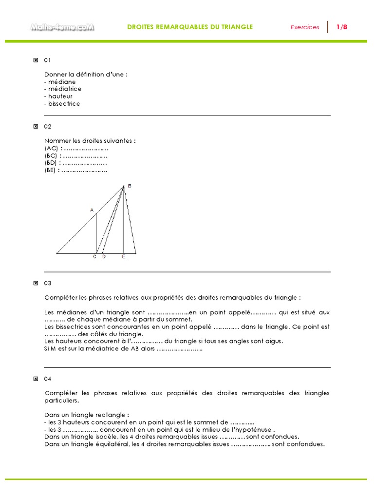 Exercices Corrigés Sur Les Triangles 5ème Pdf Droites Remarquables - Exercices PDF | PDF | Triangle | Géométrie  euclidienne